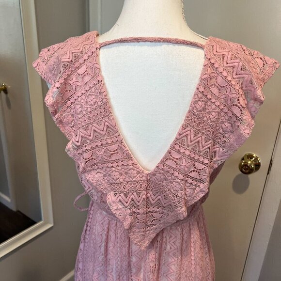 Aqua Pink Lace Hi Low Faux Wrap Dress, Size Small - Picture 13 of 16
